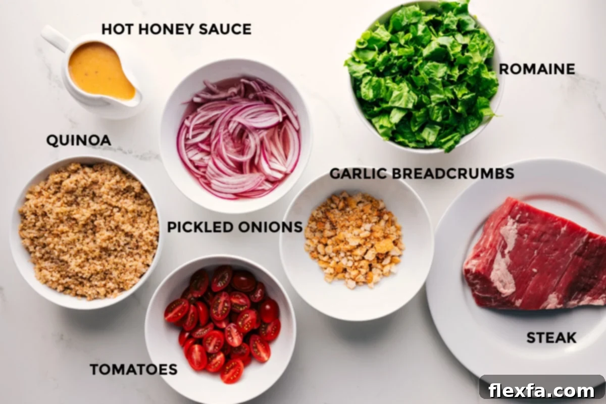 Steak Bowl Ingredients: Prepared steak, quinoa, vegetables, and hot honey sauce.