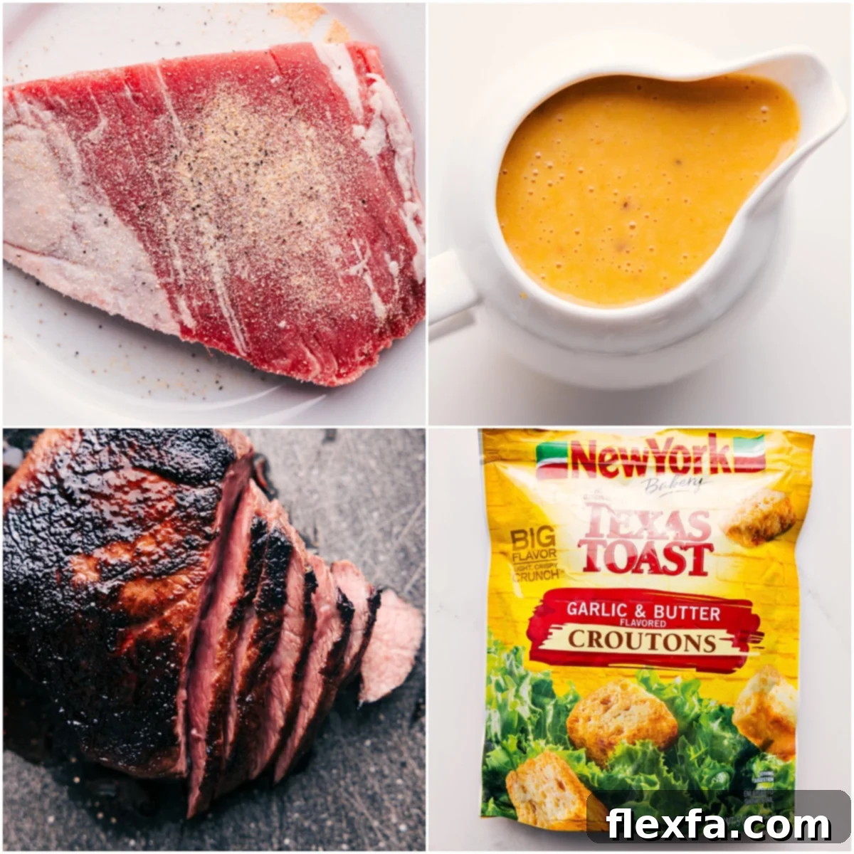 Steak Bowl Preparation: Seasoning steak, making sauce, and preparing croutons.