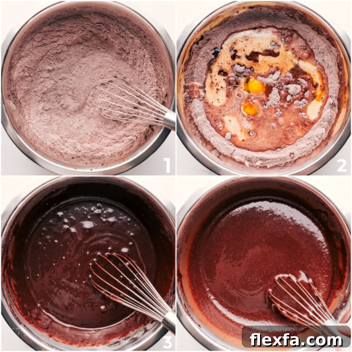 Mixing wet and dry ingredients for the chocolate cake batter.