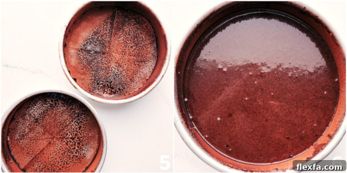 Cake pans greased, floured, and filled with chocolate cake batter.