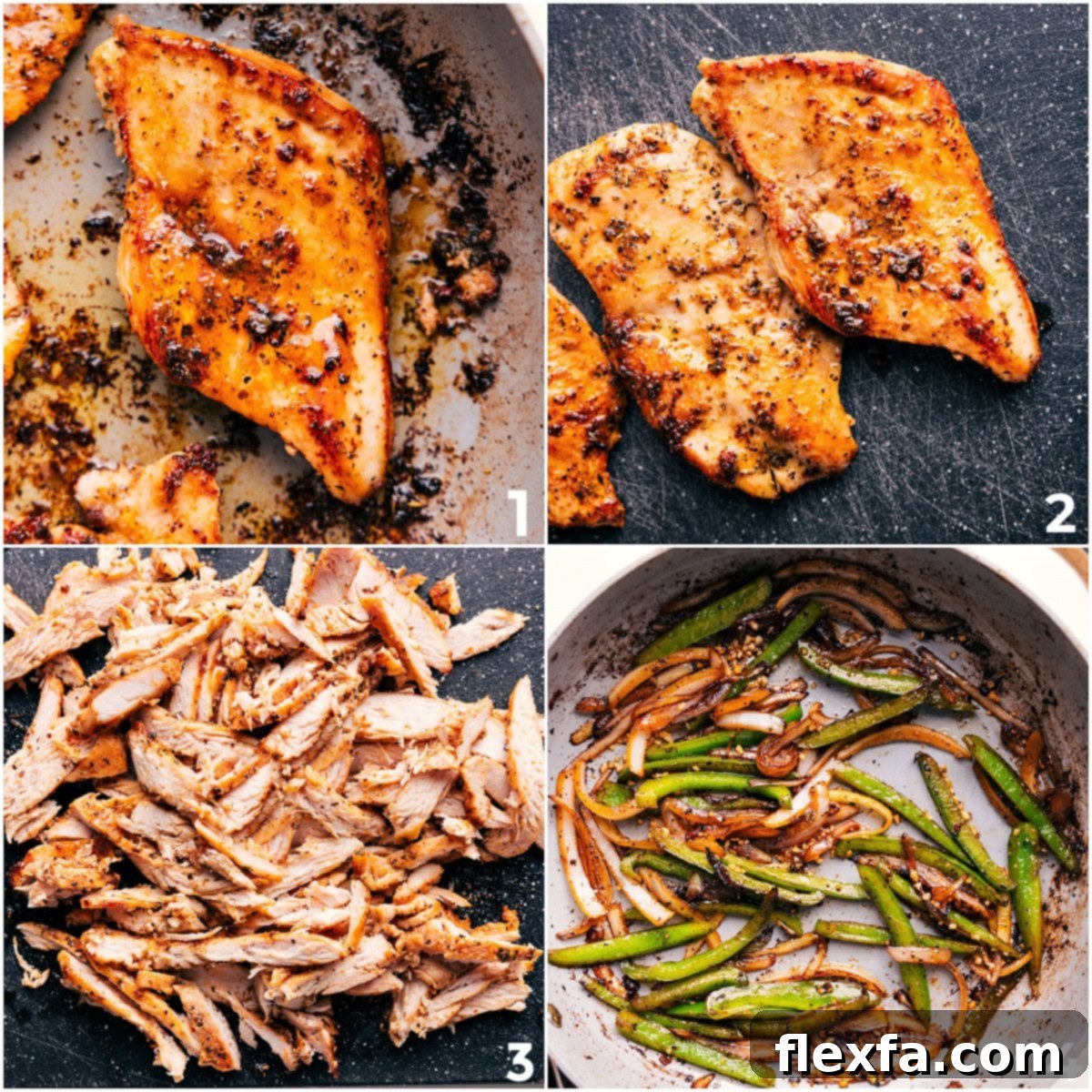 The chicken being cooked through on a pan, then chopped, and the peppers and onions being cooked for this chicken philly cheesesteak recipe.