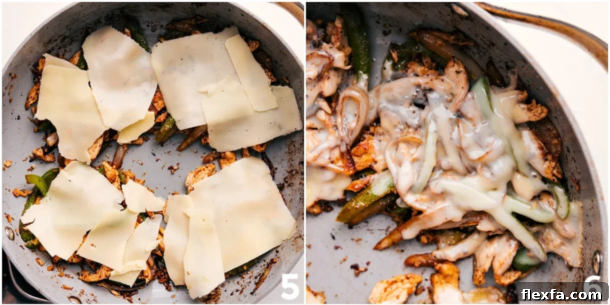 The cheese added over the chicken and veggies to melt on top so it can be transferred straight to a bun.