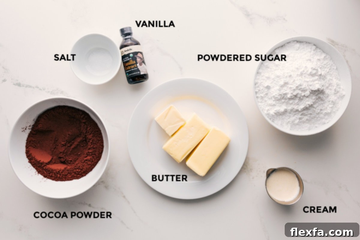 All the ingredients for the chocolate buttercream frosting recipe, perfectly prepped.