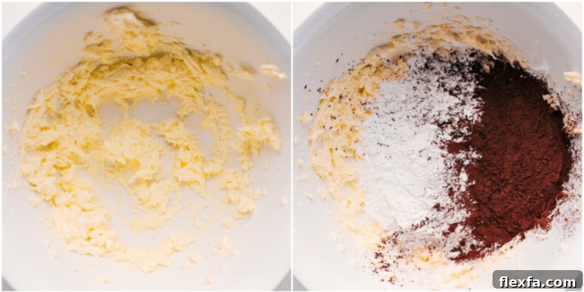 The ingredients for the chocolate buttercream frosting recipe being creamed together in a bowl.