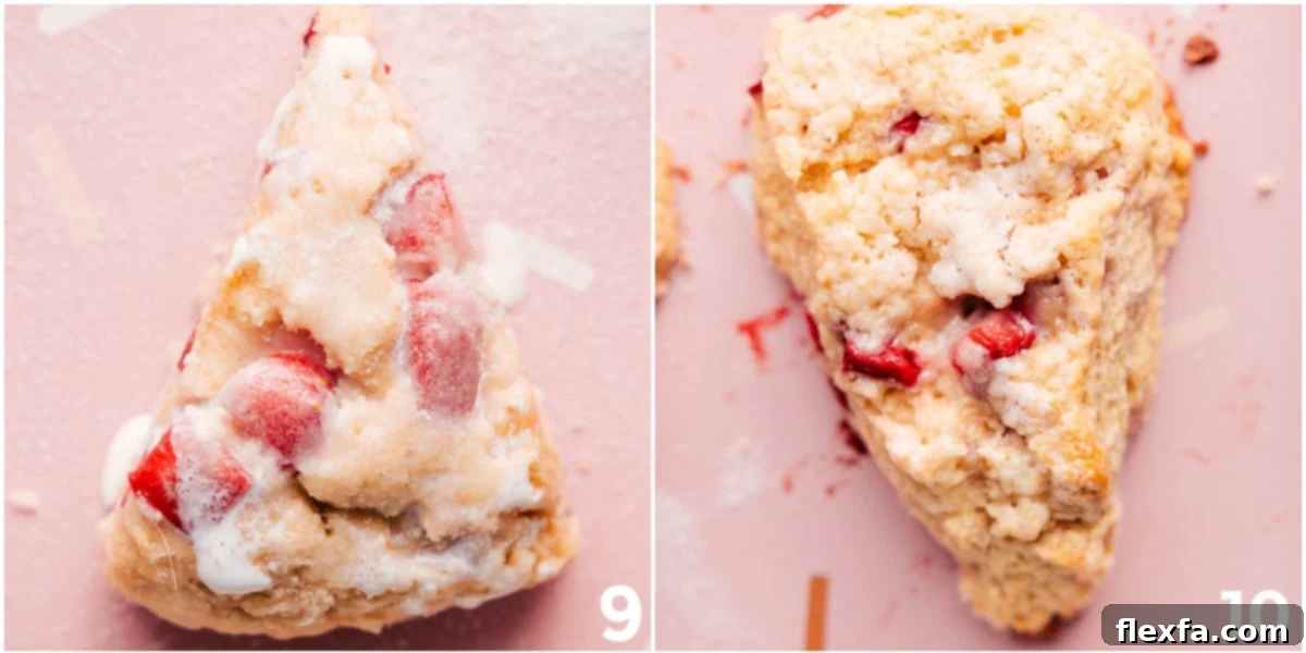 Fresh Strawberry Scones after being brushed with cream and baked.