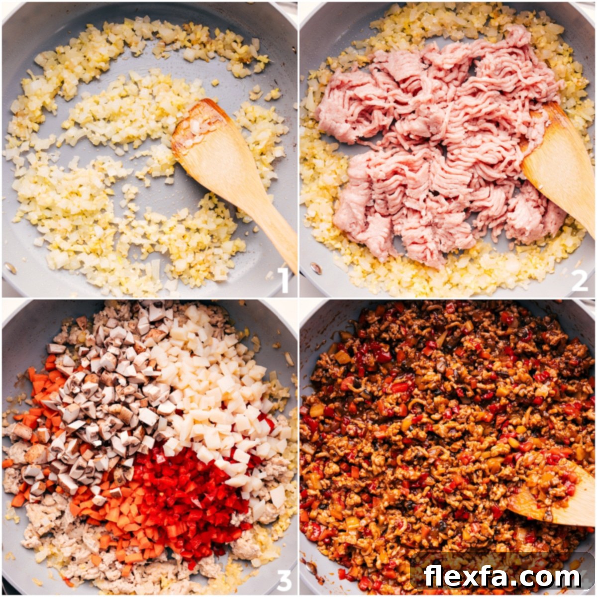 Ground chicken and vegetables cooking in a skillet for the Lettuce Wrap Recipe