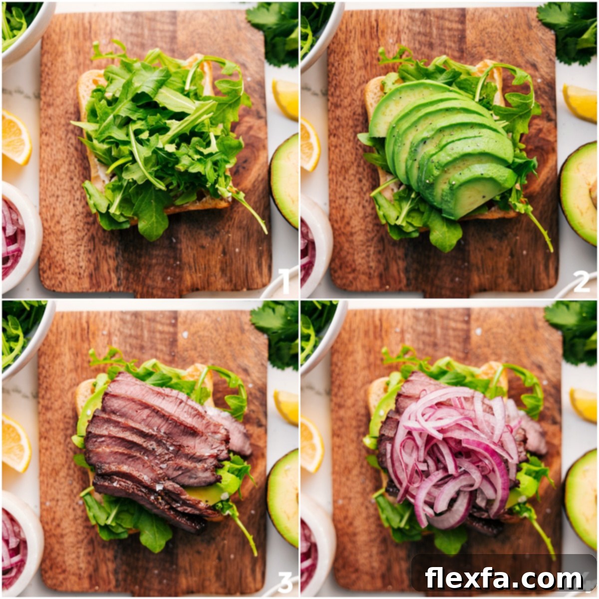 Assembling the steak sandwich with arugula, avocado, steak, and pickled onions.