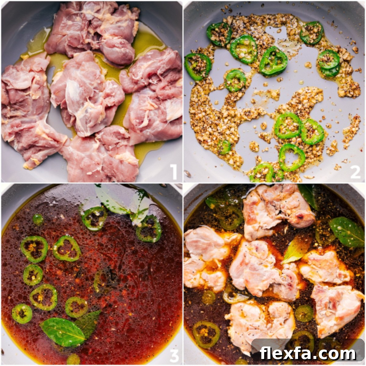 Chicken thighs being seared and simmered in adobo sauce in a skillet.