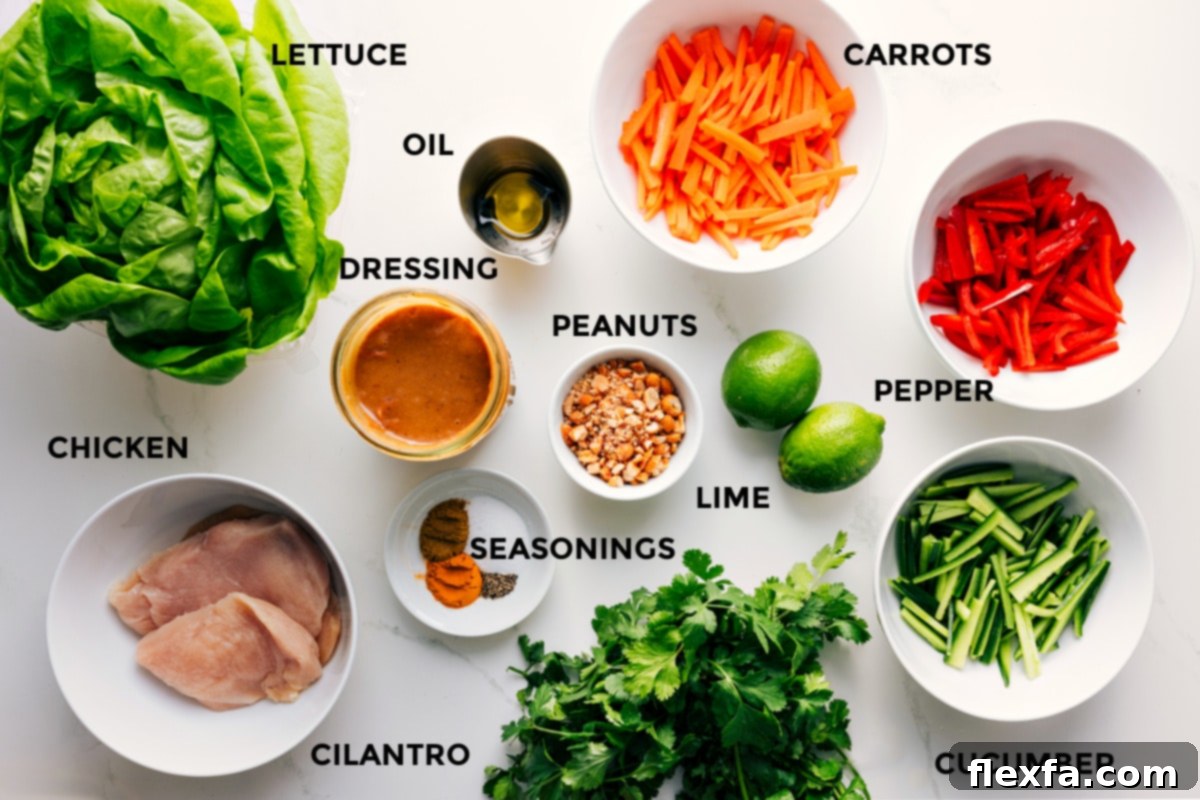 Ingredients for Chicken Lettuce Wraps including lettuce, chicken, dressing, oil, seasonings, peanuts, carrots, pepper, cucumber, cilantro, and limes.