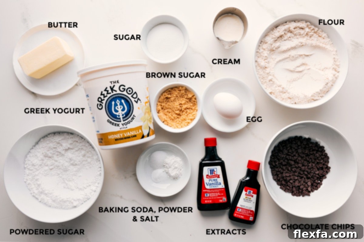 Ingredients for chocolate chip scones: flour, sugar, butter, yogurt, baking powder, baking soda, egg, extracts, and chocolate chips.