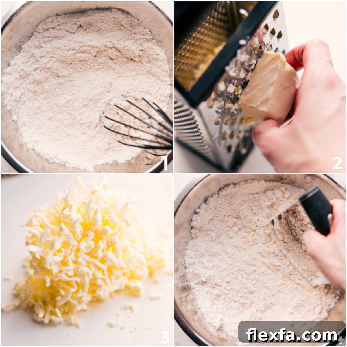 Making chocolate chip scones: mixing dry ingredients and grating in frozen butter.