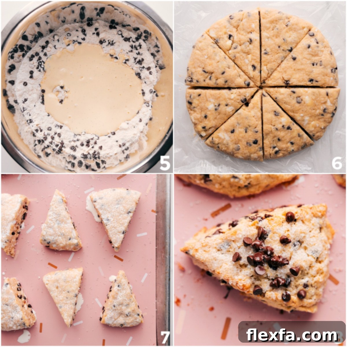 Shaping and preparing chocolate chip scones for baking.