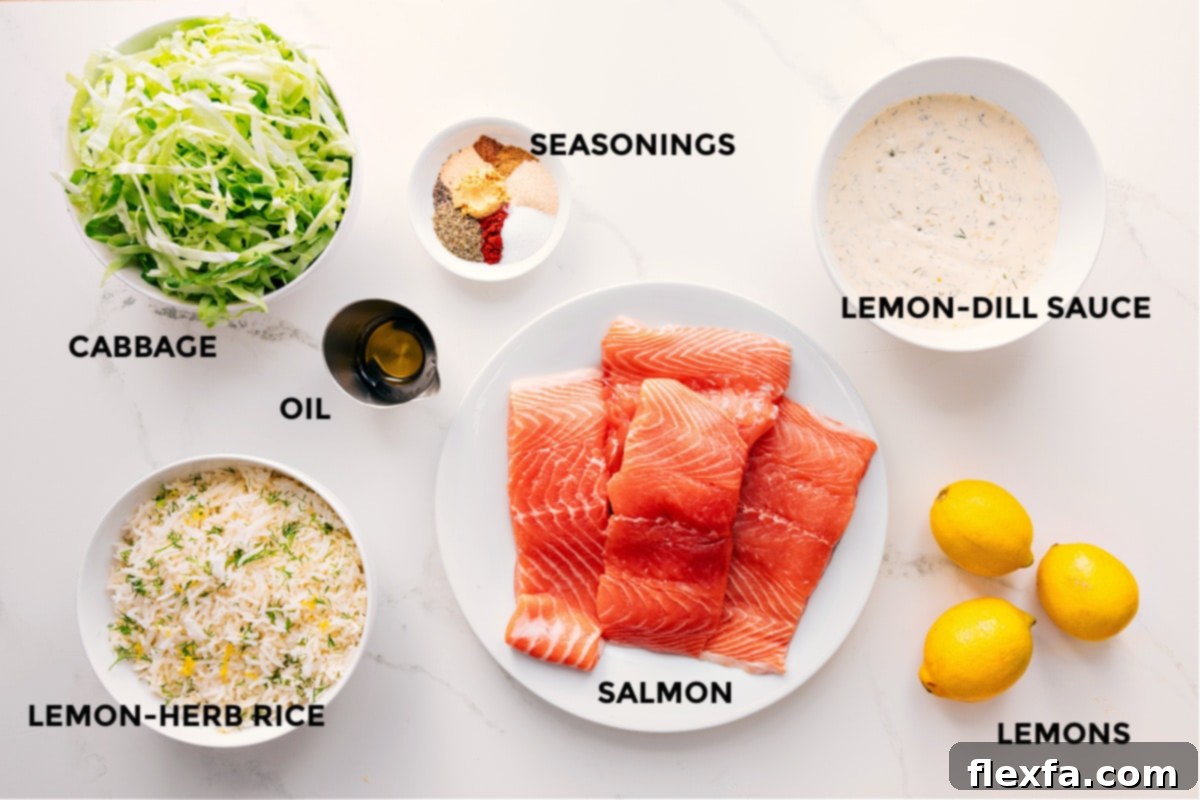 Ingredients for Blackened Salmon Recipe: Cabbage, Lemon-Herb Rice, Oil, Seasonings, Salmon, Lemon-Dill Sauce, and Lemons