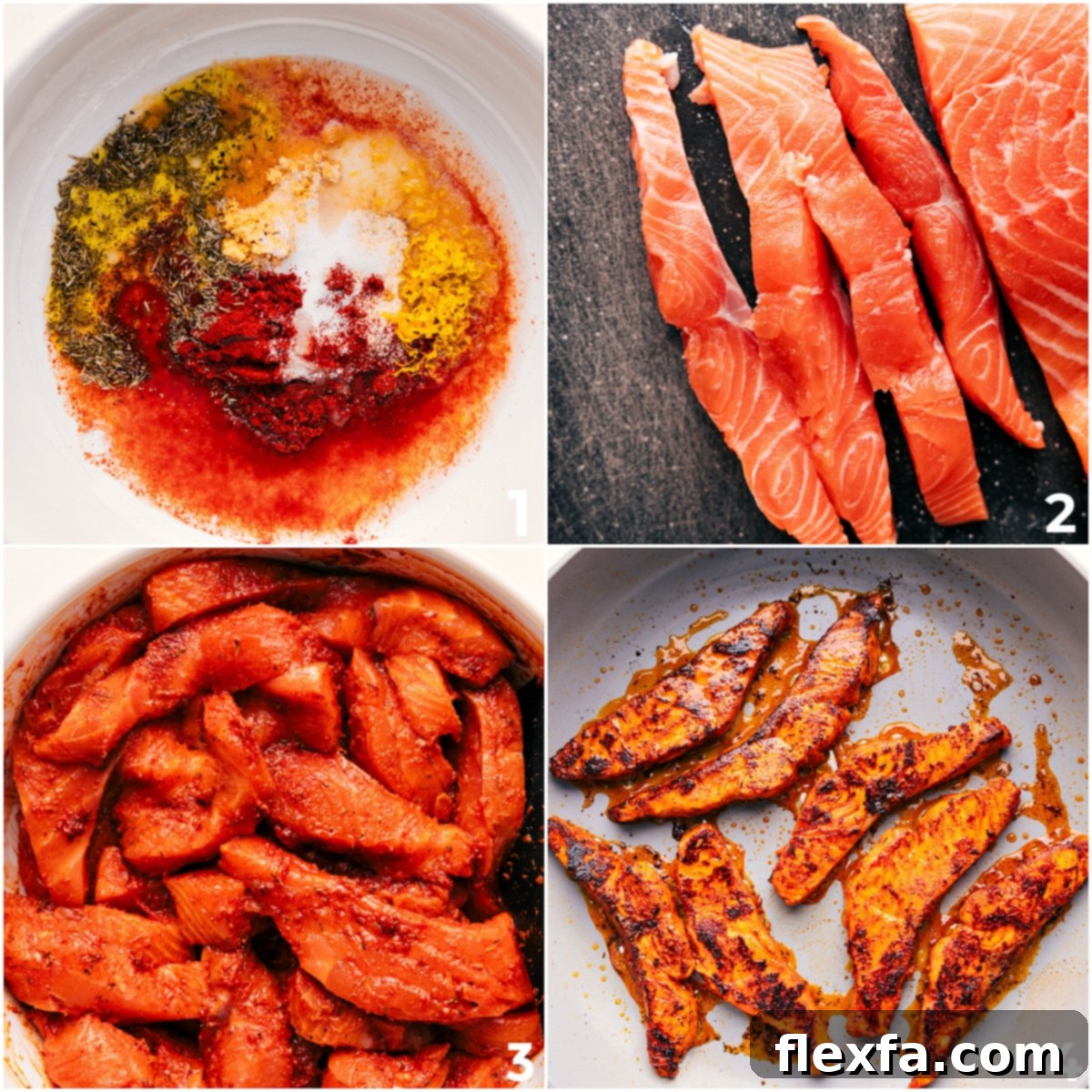 Preparing the Blackened Salmon: Marinade Ingredients Whisked in a Bowl, then Salmon Added and Cooked