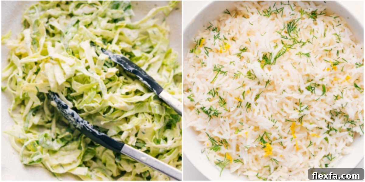 Lemon Dill Slaw and Lemon Rice Prepared for the Blackened Salmon Recipe