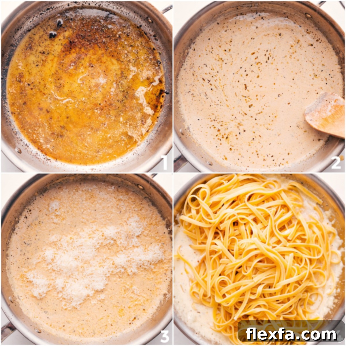 Cream sauce simmering with fettuccine being added for Steak Alfredo.