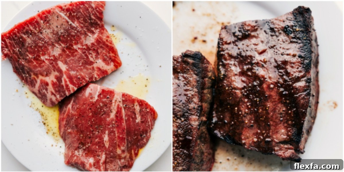 Steak being grilled on a barbecue.