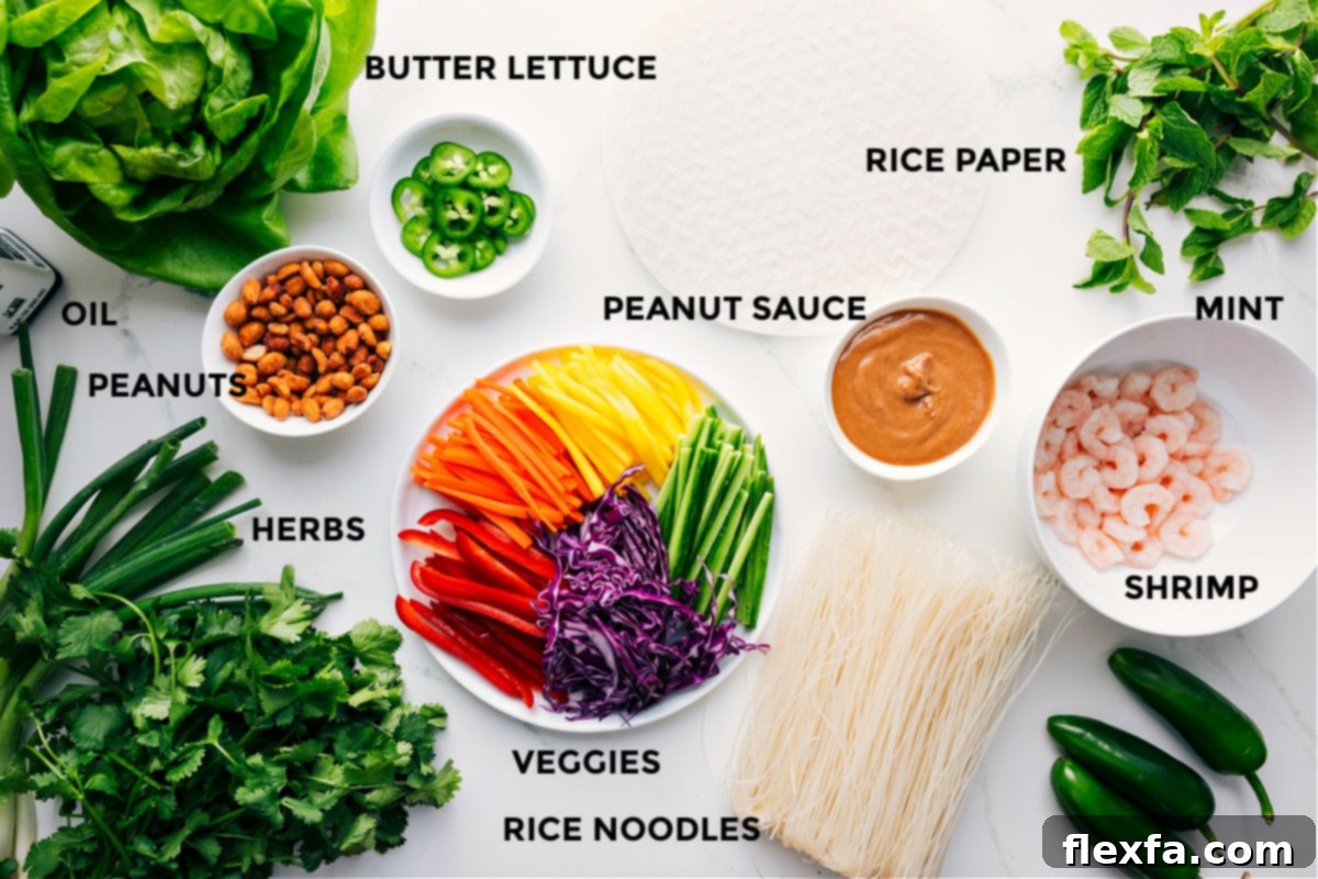 Ingredients for spring rolls: rice noodles, rice paper, lettuce, cabbage, carrots, cucumber, shrimp, cilantro, mint, basil, and peanut sauce