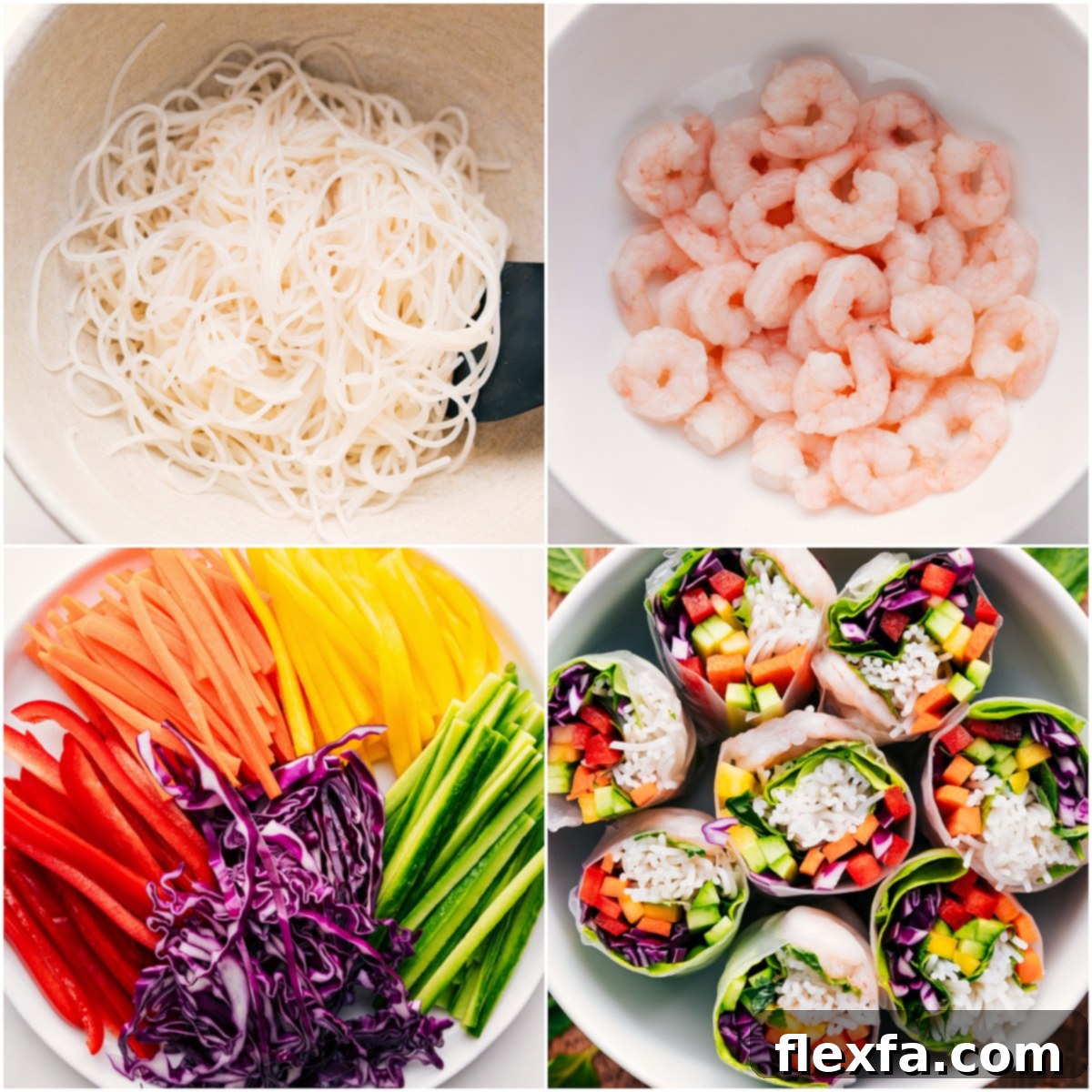 Spring roll assembly station with noodles, shrimp, and vegetables