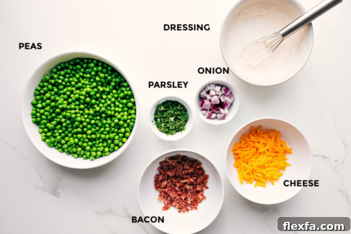 Ingredients In This Pea Salad Recipe Ingredients for Pea Salad Recipe including peas, bacon, cheese, and dressing.