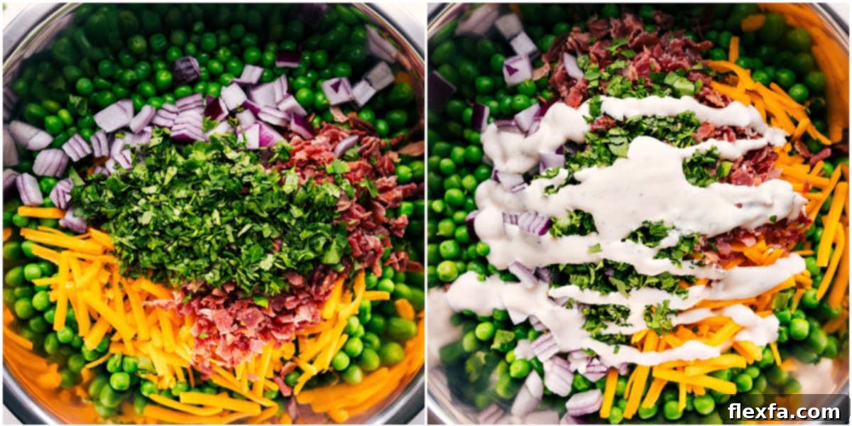 How To Make This Pea Salad Recipe Pea Salad Recipe ingredients mixed in a bowl.