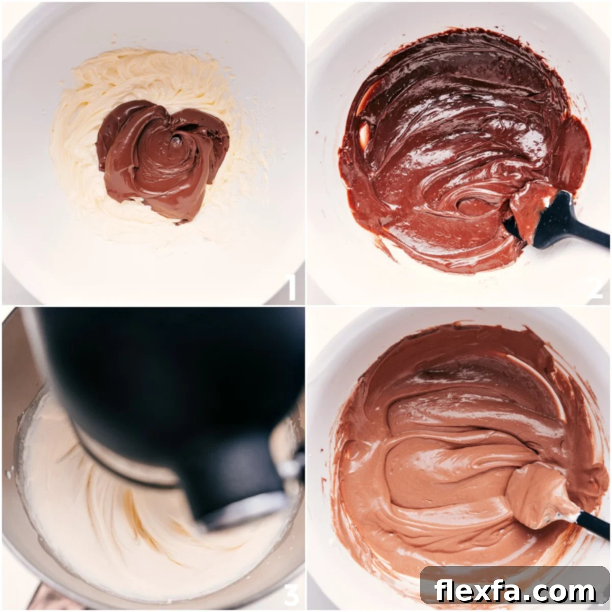 All the ingredients for this chocolate fruit dip added into a bowl and mixed together.