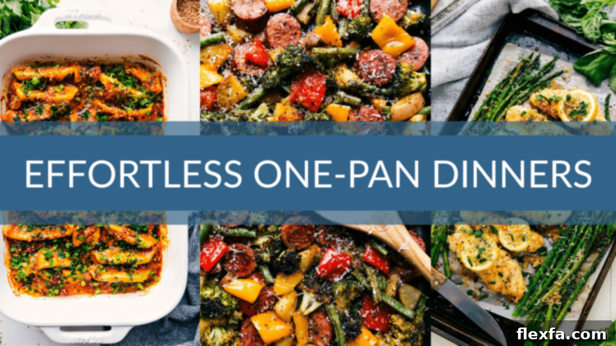 One Pan Dinner Recipes collage with a variety of easy meals cooked in a single pan.