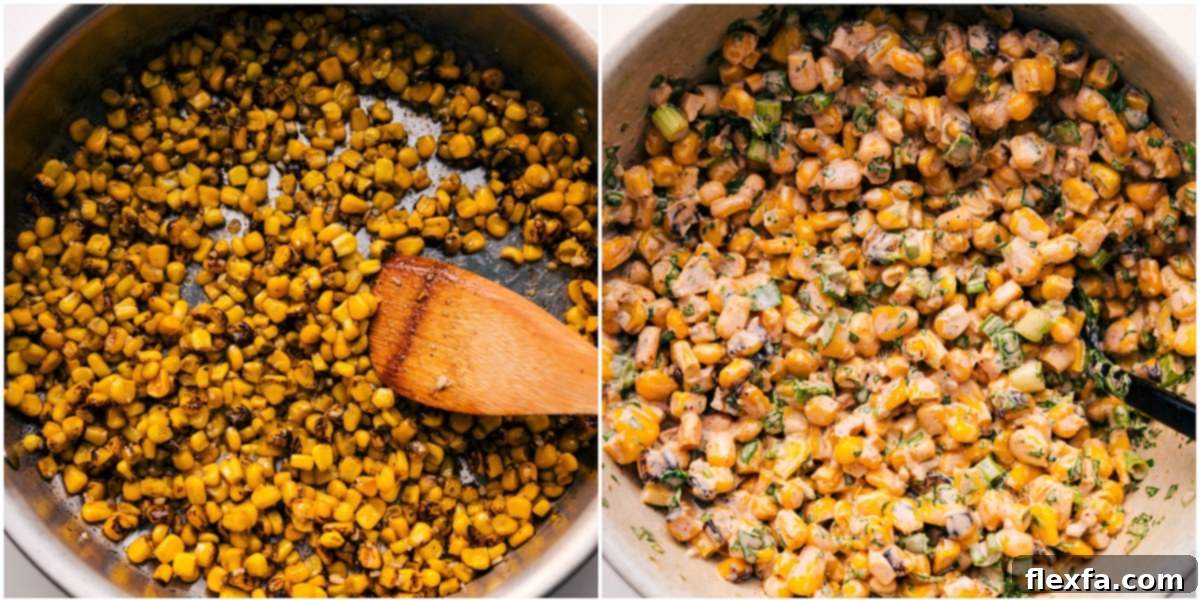 The street corn being made to add in these street corn beef bowls.