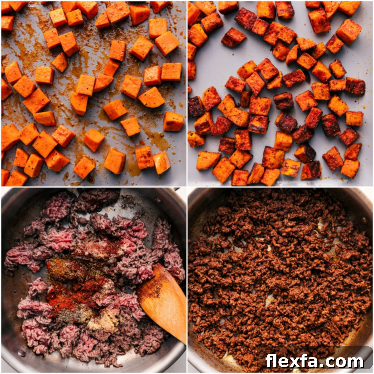 Sweet potatoes being roasted to perfection and the beef being seasoned and browned.