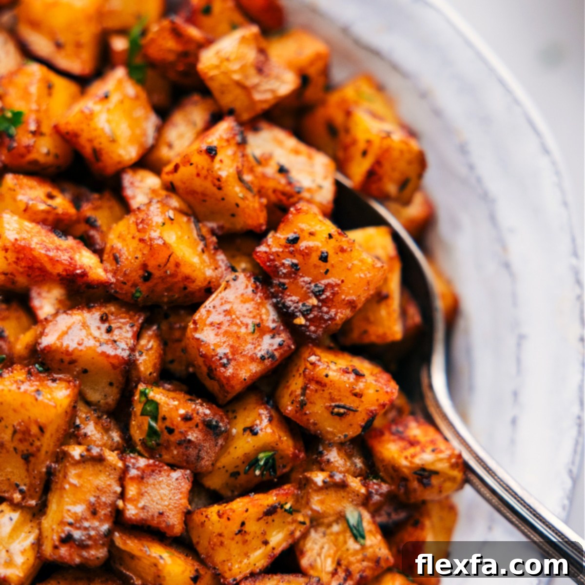 Up-close image of the Breakfast Potatoes with a spoon scooping them out.