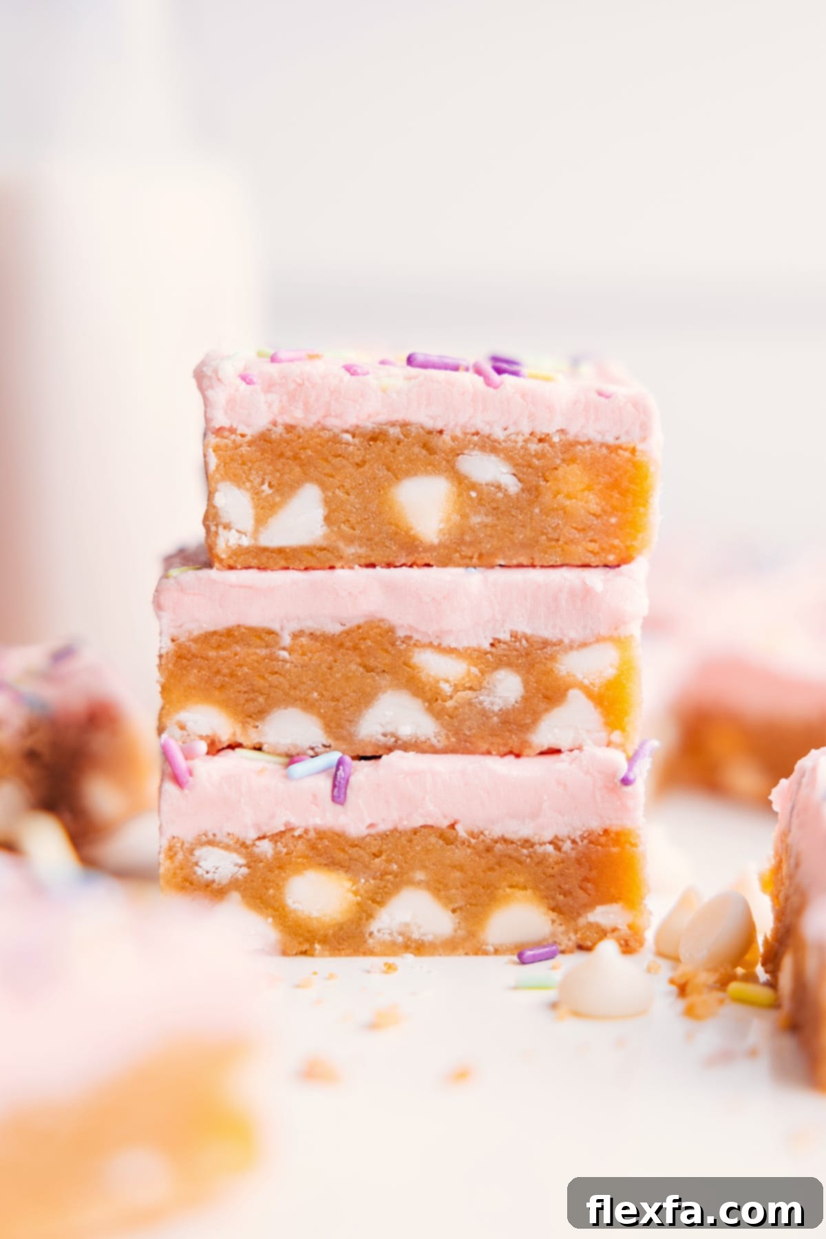 Sugar Cookie Bars with white chocolate chips and creamy frosting