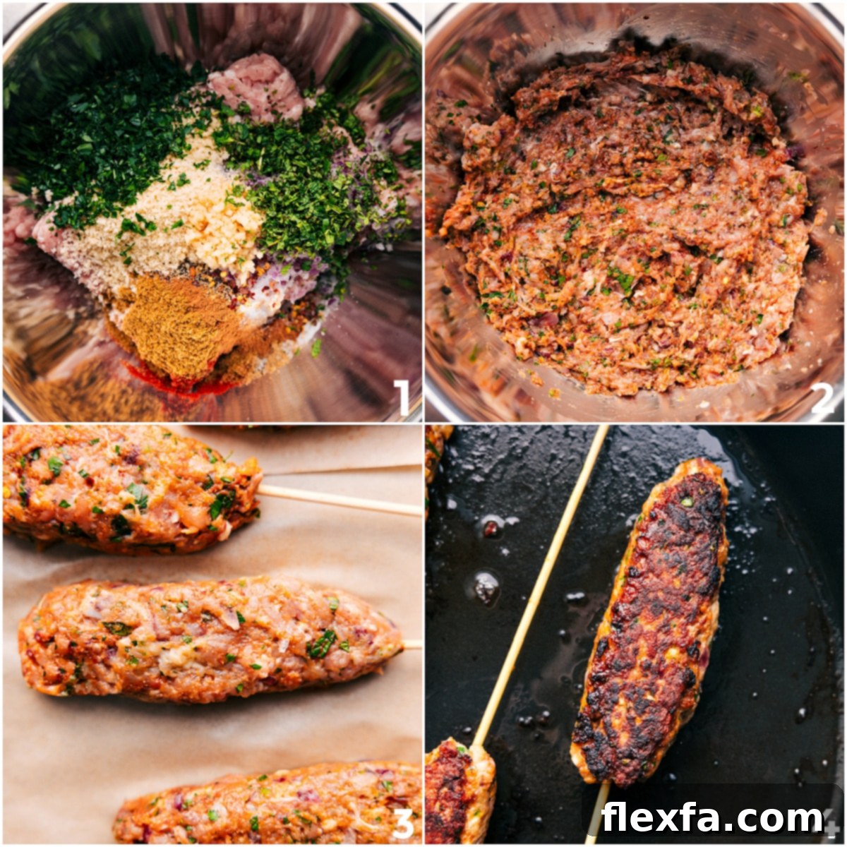 The meat and remaining ingredients added into a bowl and mixed together than shaped onto a skewer and cooked.