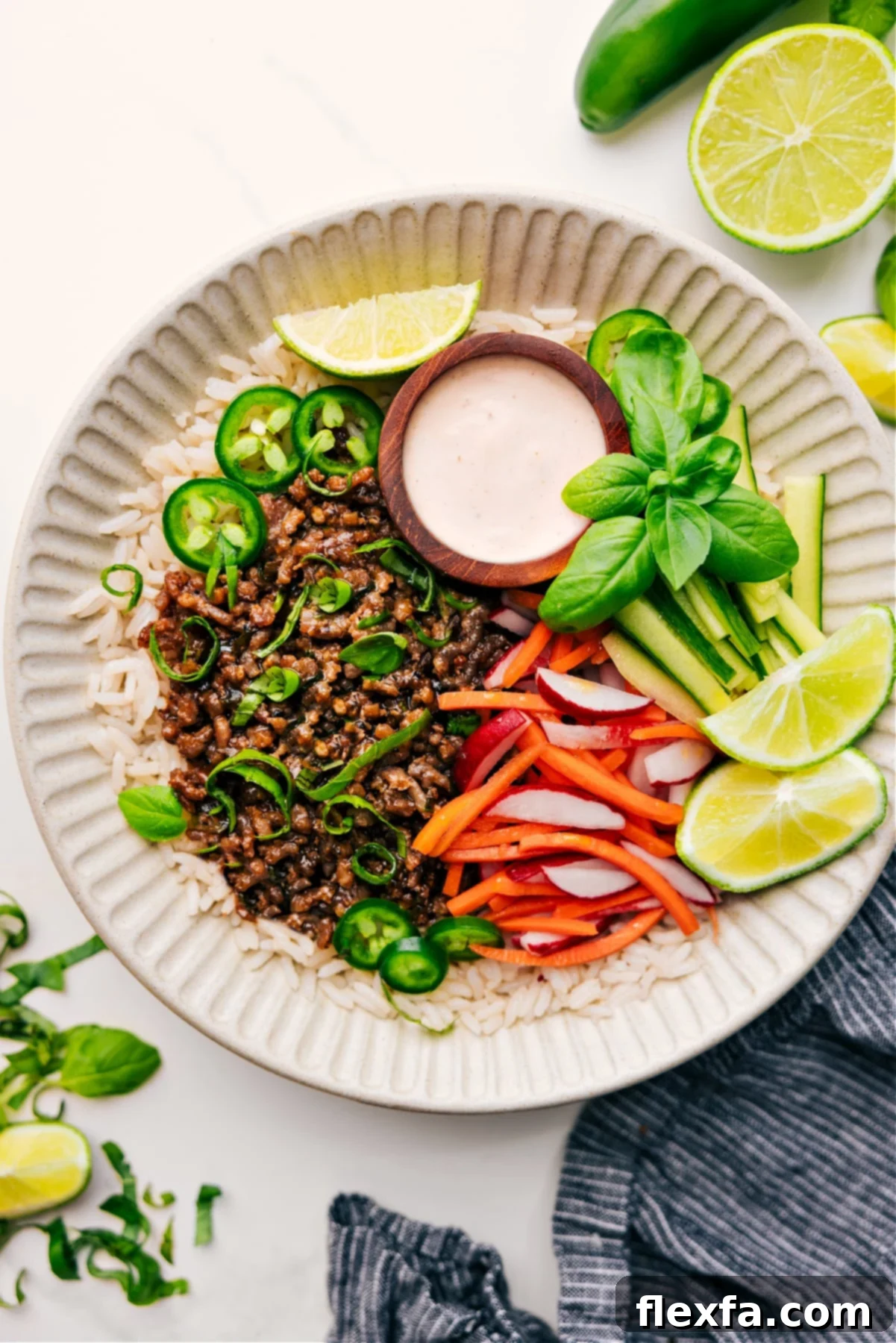 A flavorful banh mi bowl with pickled vegetables and fresh herbs.