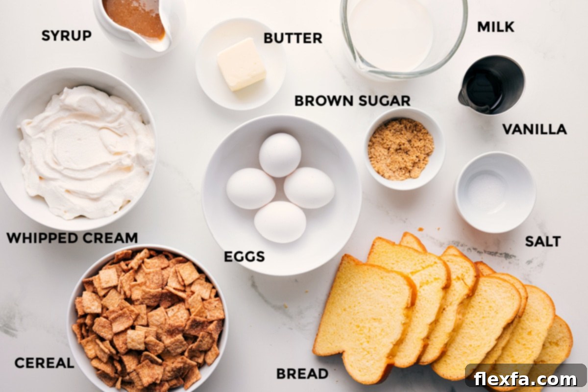 All the ingredients in this recipe prepped out for easy assembly including the whipped cream, cereal, bread, eggs, salt, brown sugar, vanilla, milk, butter, and syrup.