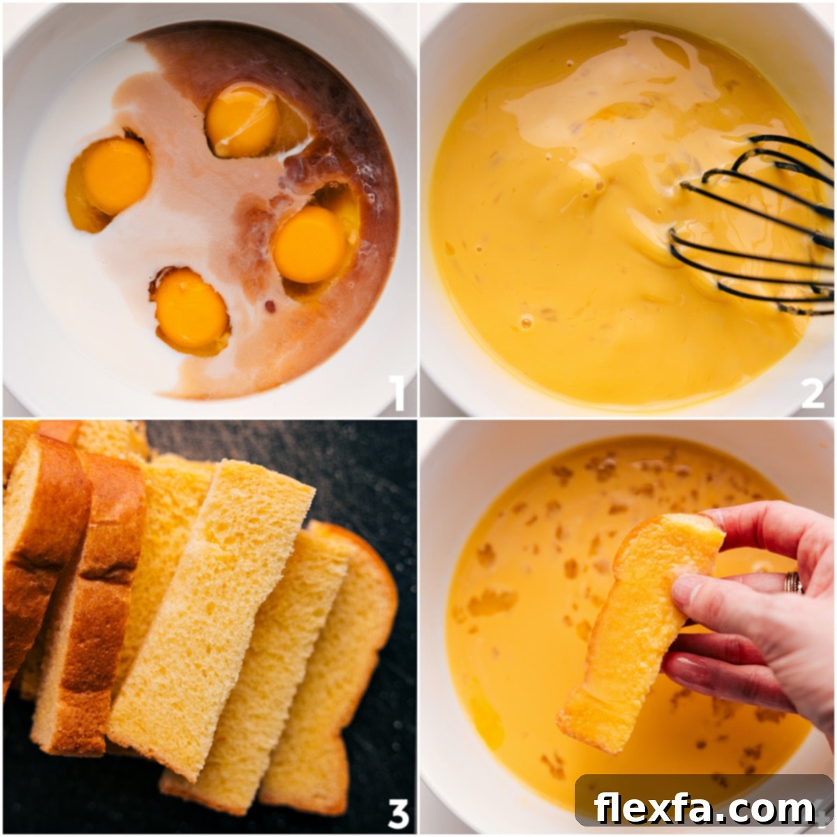 All the batter ingredients whisked together for this French Toast Sticks Recipe, with the bread sticks dipped in the batter.