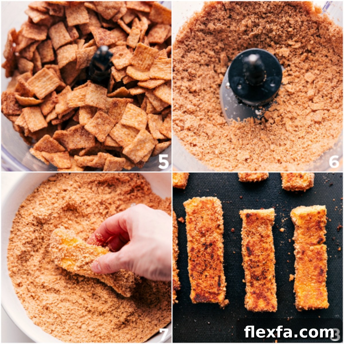 Cinnamon Toast Crunch cereal blended into a fine dust, coating the batter-dipped toast sticks before cooking.