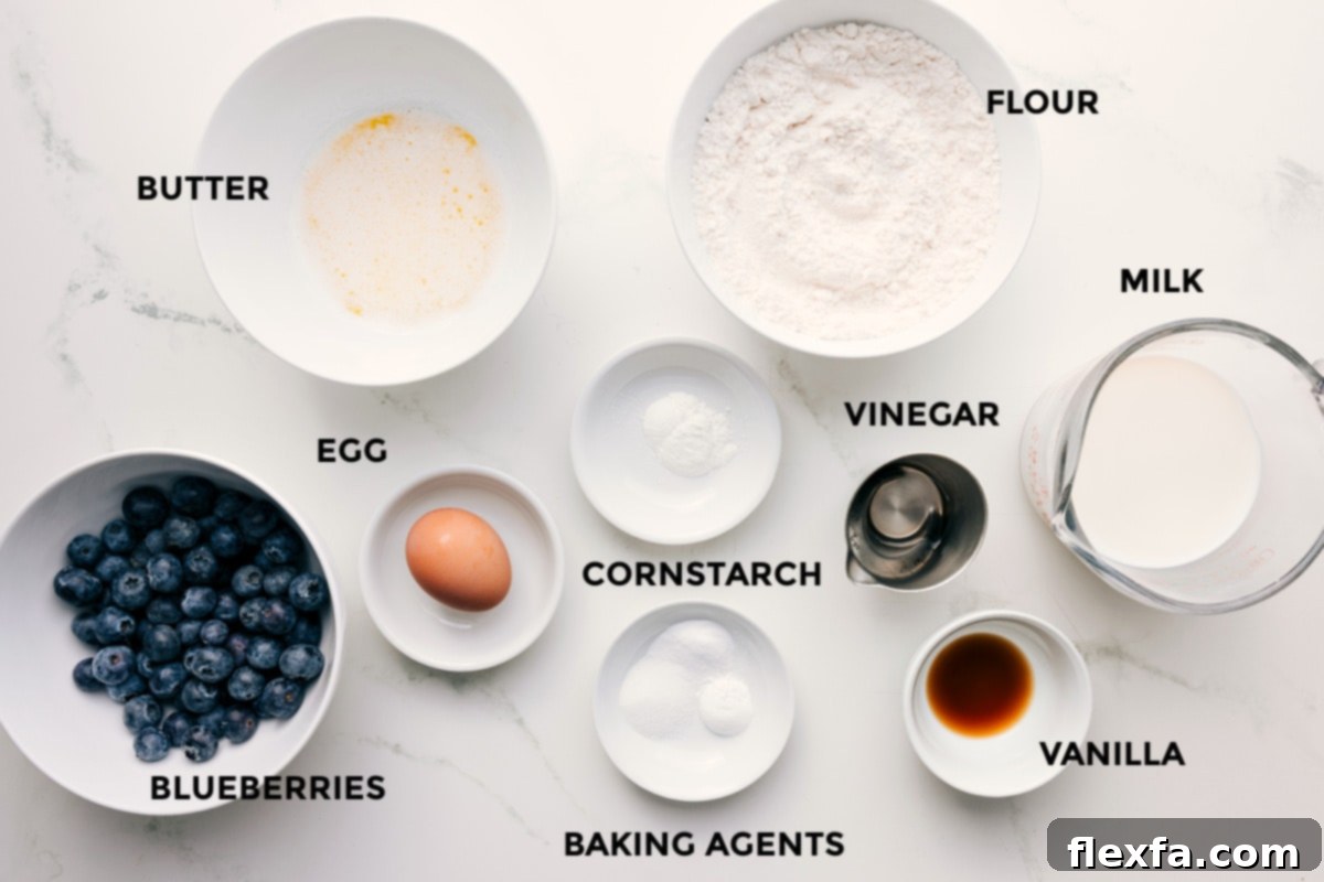 Ingredients for Blueberry Pancakes: Flour, sugar, baking powder, blueberries, milk, eggs, butter, and more