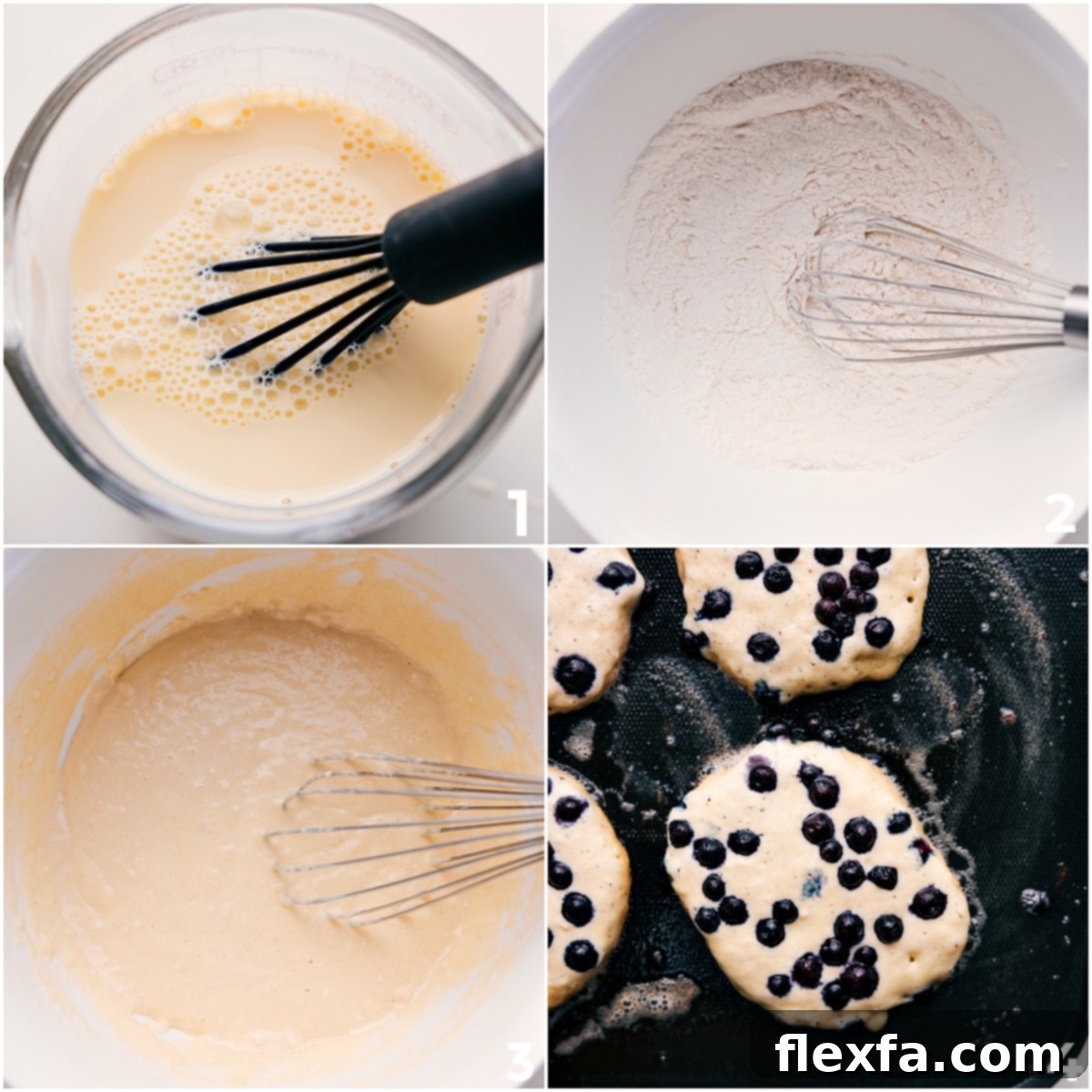Mixing and Cooking Blueberry Pancakes: Steps shown include mixing wet and dry ingredients, combining into batter, and cooking on a griddle.