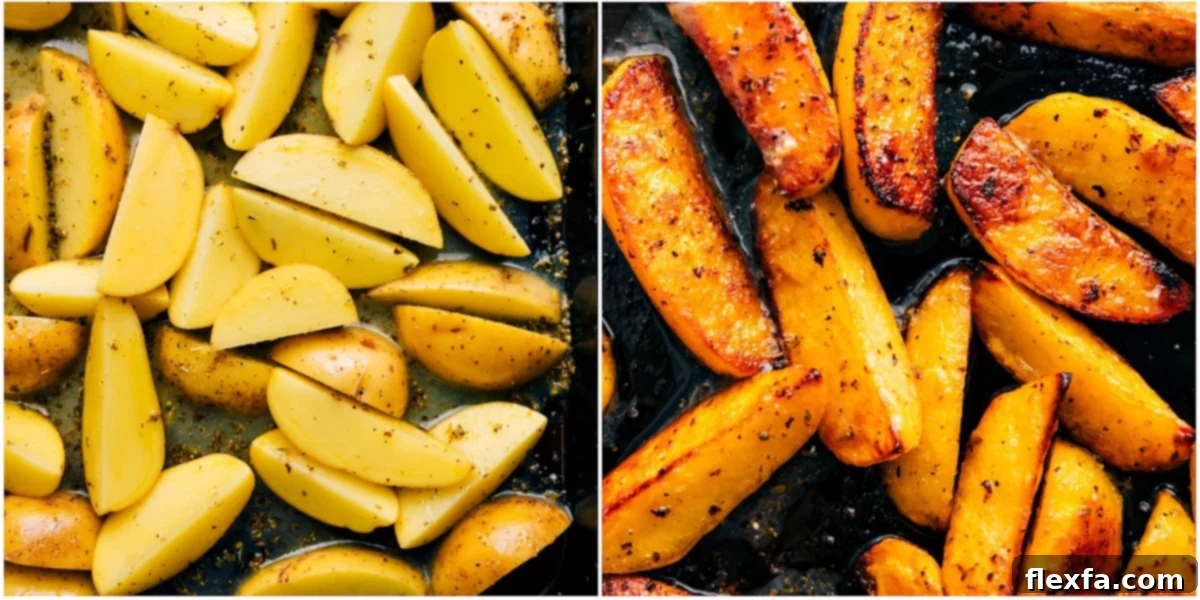 Perfectly roasted and golden Greek potato wedges spread on a sheet pan, ready to be served.