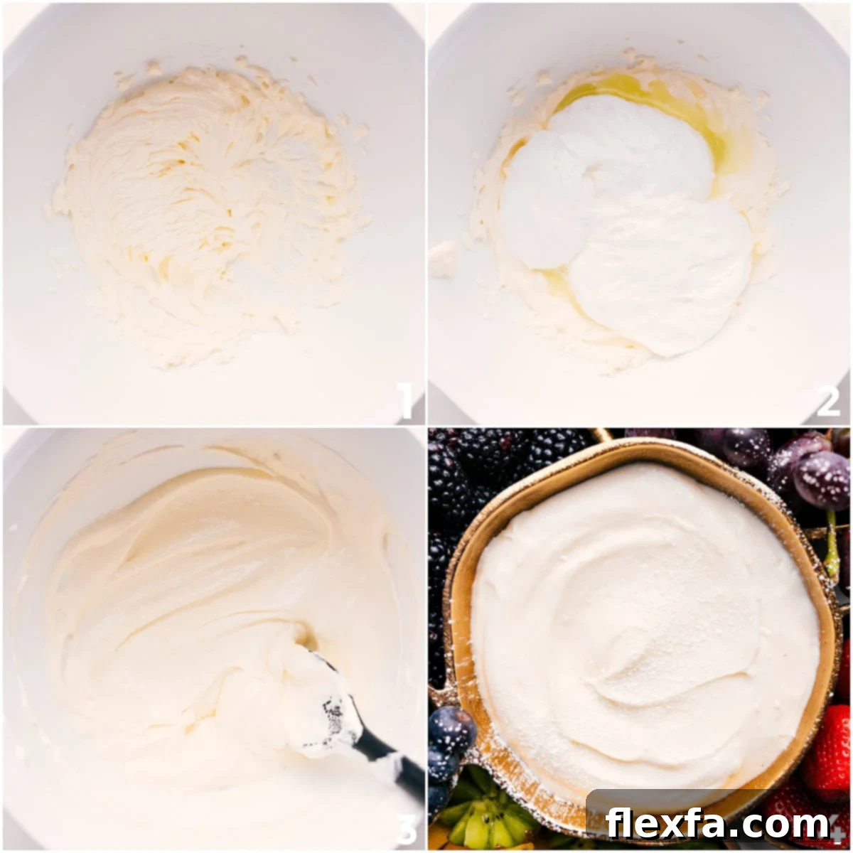 The four ingredients for this cream cheese fruit dip recipe being expertly mixed together in a large glass bowl with a hand mixer.