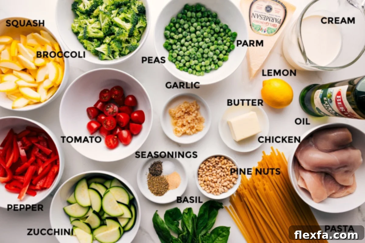 A selection of fresh Chicken Primavera ingredients, meticulously prepped and laid out for easy assembly, including vibrant zucchini, yellow squash, red bell pepper, broccoli florets, cherry tomatoes, frozen peas, minced garlic, a variety of seasonings, pine nuts, uncooked fettuccine pasta, raw chicken breasts, olive oil, lemon, heavy cream, butter, and grated Parmesan cheese.