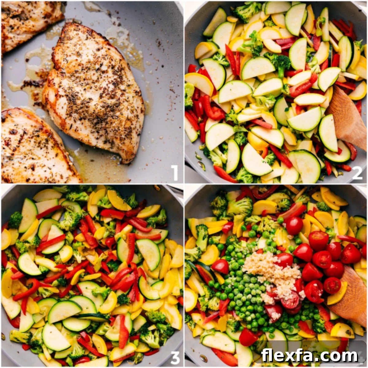 The cooking process for Chicken Primavera, showing chicken breasts searing in a skillet, followed by a medley of fresh vegetables being sautéed until perfectly tender and vibrant.