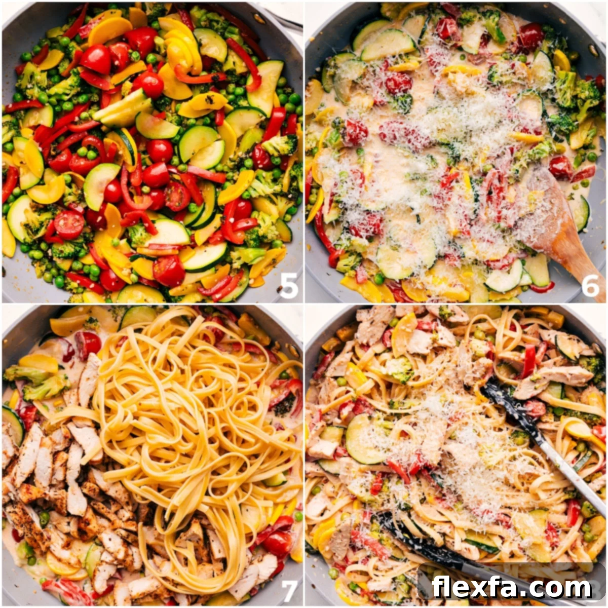Fettuccine pasta thoroughly tossed with a rich, creamy sauce and an abundance of sautéed, colorful vegetables, all mixed together perfectly in a large skillet for a delicious Chicken Primavera.