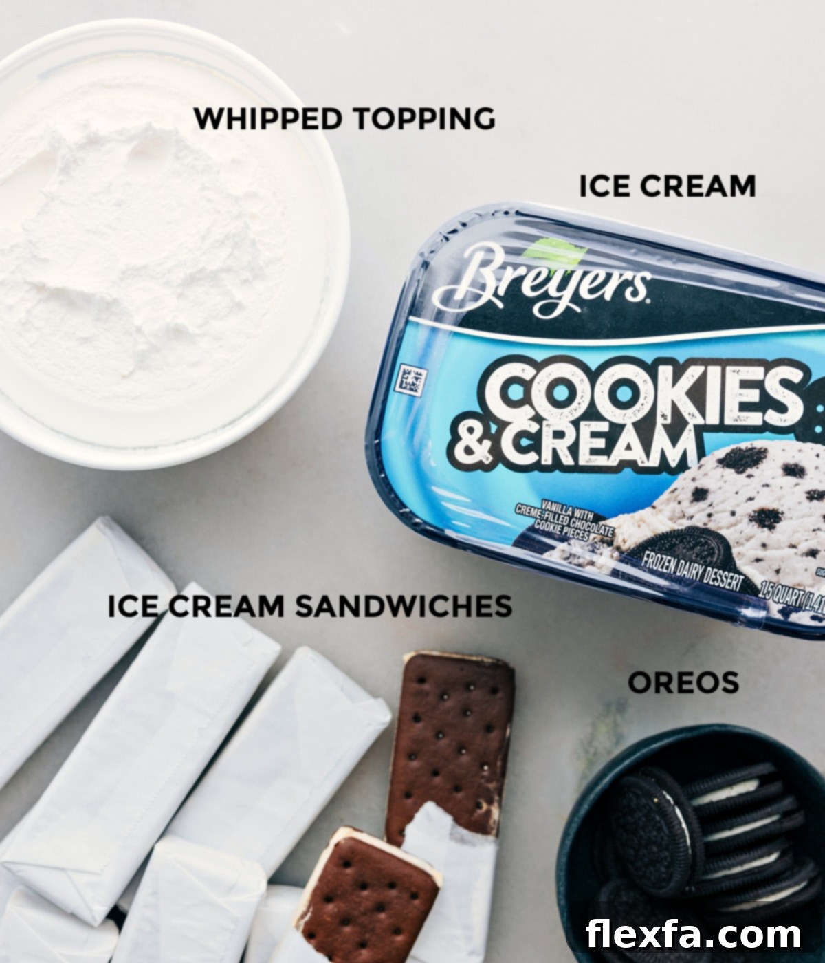 All four essential ingredients for the Ice Cream Sandwich Cake neatly laid out, ready for assembly.