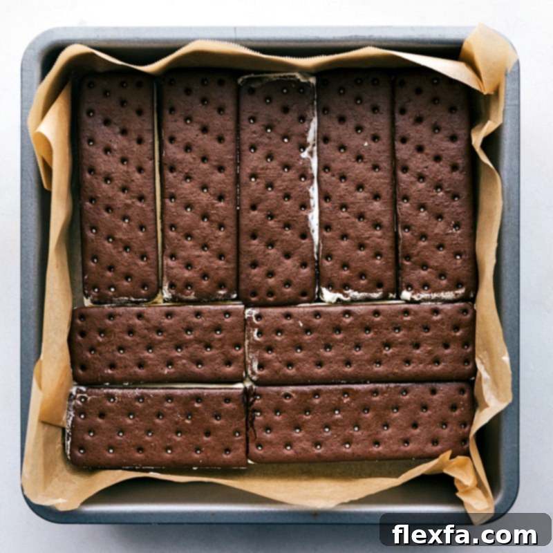Rows of ice cream sandwiches perfectly arranged in a baking pan, forming the first layer of the cake.