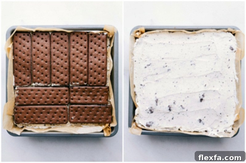 The final layers of whipped cream and crushed Oreos being added to the top of the Ice Cream Sandwich Cake.