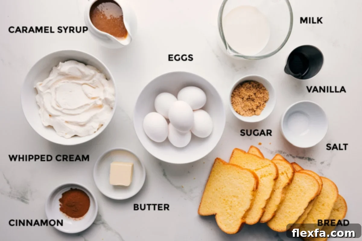 All the essential ingredients for this French Toast recipe meticulously prepped and laid out for effortless assembly: freshly whipped cream, aromatic cinnamon, rich butter, thick-cut bread, large eggs, granulated sugar, fine salt, pure vanilla extract, creamy milk, and decadent caramel syrup.