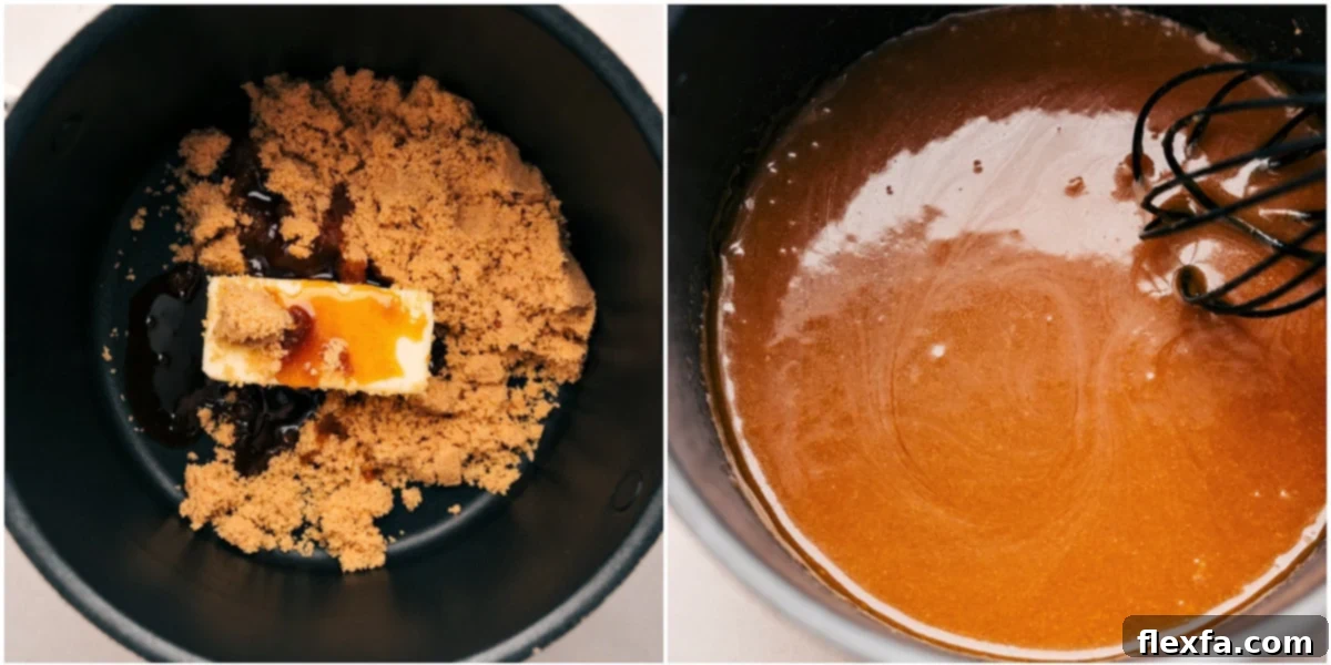 Rich, golden caramel syrup simmering in a small saucepan, ready to be drizzled over the French Toast.