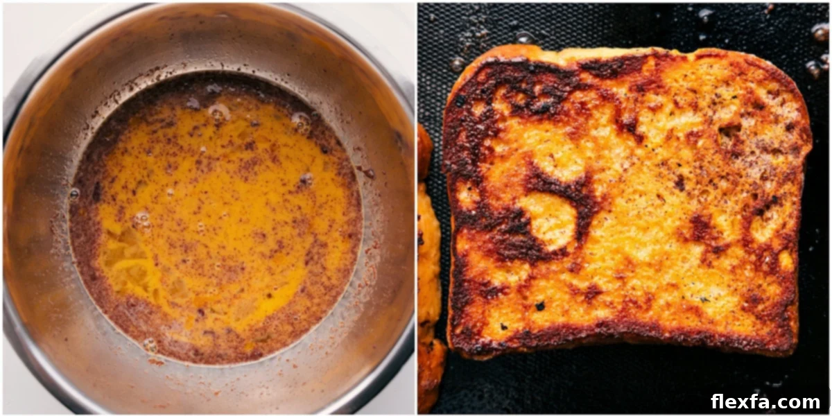 Visual steps of making French Toast: preparing the egg mixture, dipping the bread into the batter, and cooking the slices on a griddle until golden brown.