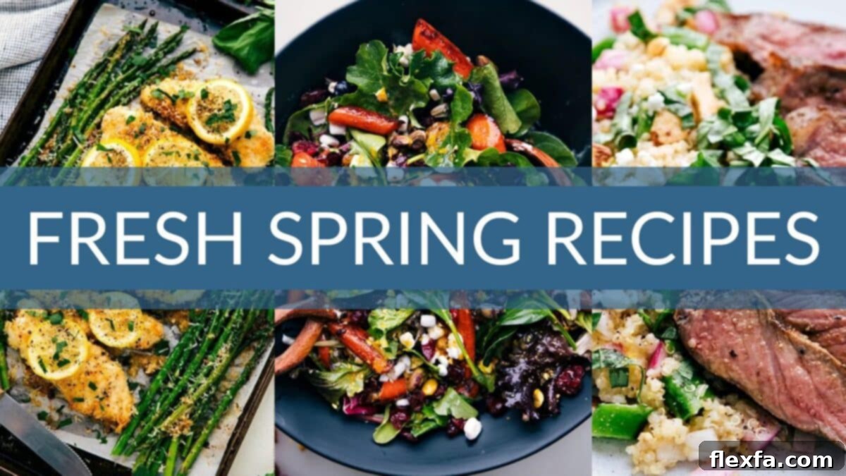 A vibrant collage showcasing various fresh spring recipes including salads, chicken, and roasted vegetables.